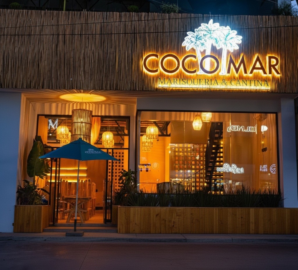 Interior del restaurante Cocomar con mesas y decoración de playa